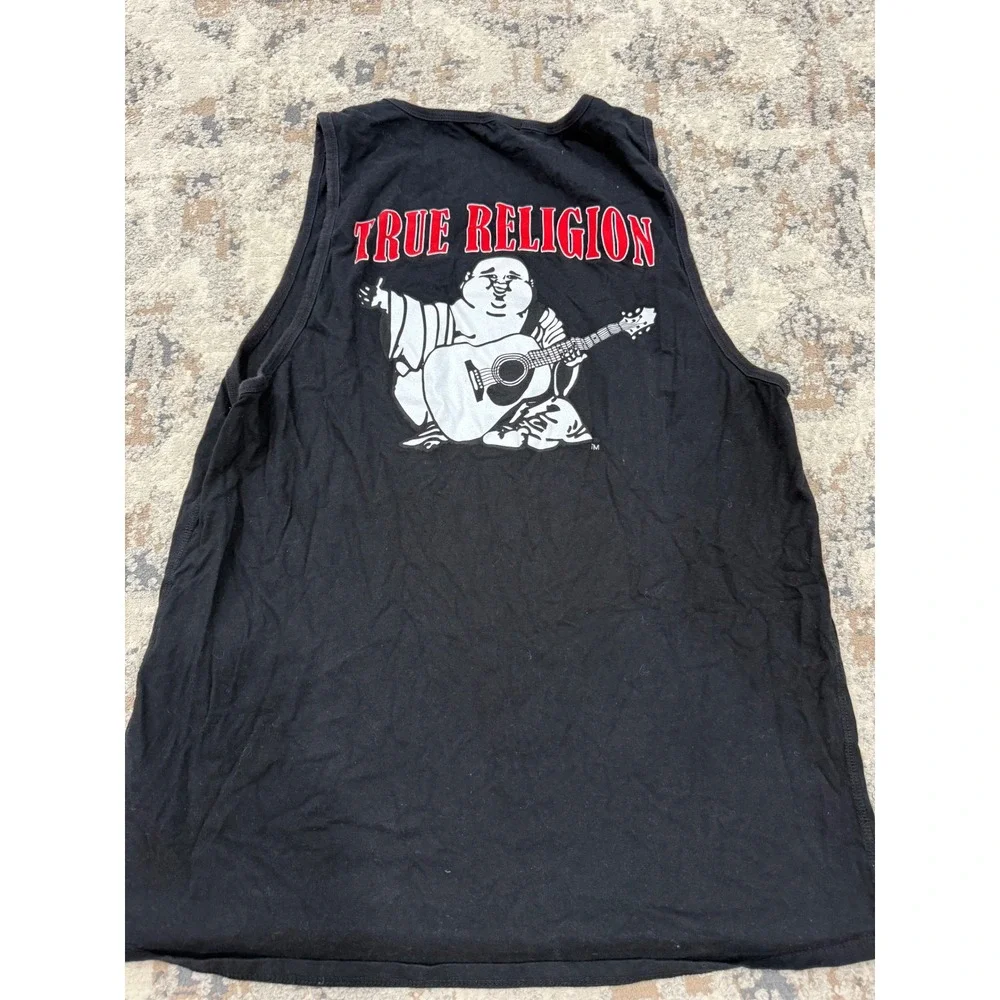 True Religion Mens Black Buddha Guitar Graphic Tank Top Horseshoe Logo XL